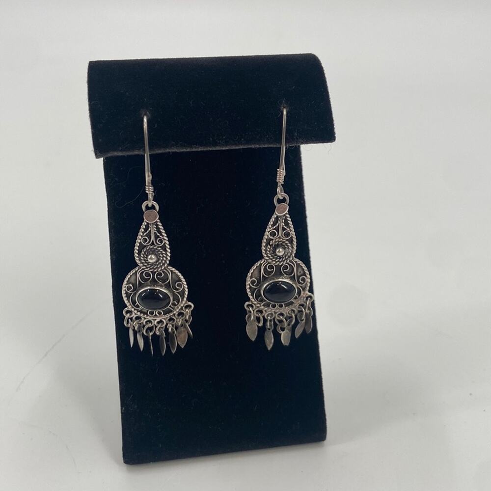 Vintage bohemian onyx stone tassel chandelier earrings
